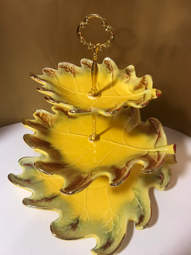 Vintage 3 Tier California Pottery Leaf Stand Cookies Cake Muffins Pastries Cupcakes Party Serving Essentials
