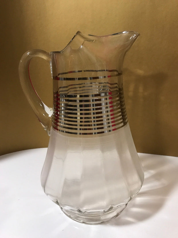 Vintage Glass Pitcher Clear With Frosted Bottom Half Silver Striped Center Pattern