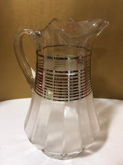 Vintage Glass Pitcher Clear With Frosted Bottom Half Silver Striped Center Pattern