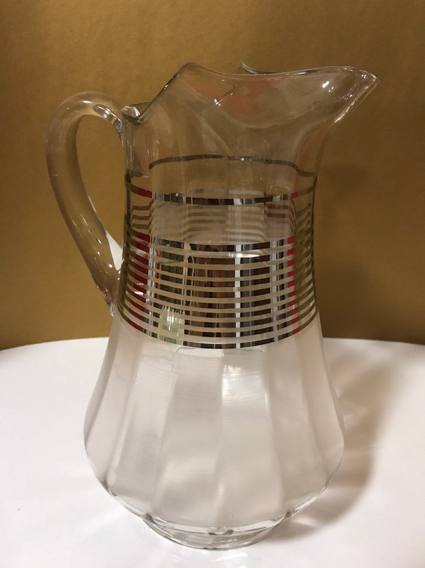 Vintage Glass Pitcher Clear With Frosted Bottom Half Silver Striped Center Pattern