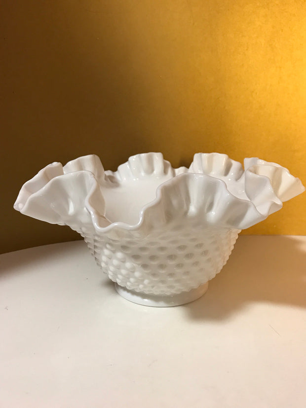 Fenton Large White Double Ruffle Hobnail Bowl 50s 60s  Milk Glass Cottage Chic  Decor Wedding