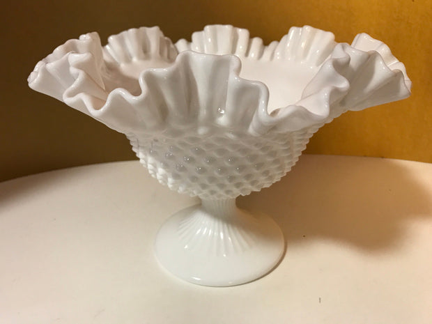 Fenton Vintage Hobnail Ruffled Ribbed Pedestal Large Wide Open Bowl Cottage Chic