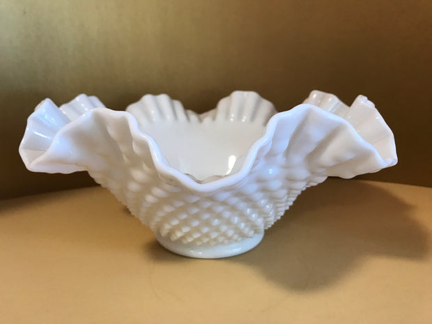 Fenton Large White Double Ruffle Hobnail Bowl 50s 60s  Milk Glass Cottage Chic  Decor Wedding