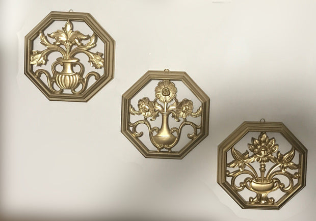 Syroco Mid Century Modern Floral 1960s Wall hangings 3 pc Set Octagon Hand Painted Gold