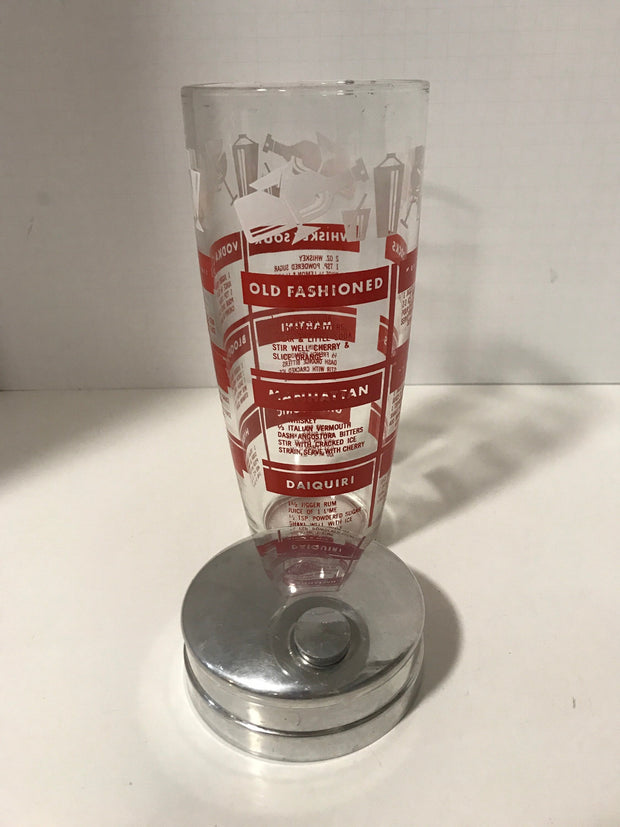 Vintage Cocktail  Shaker Chrome & Glass Barware Drink Shaker Drink Mixer Clear with Red Graphics