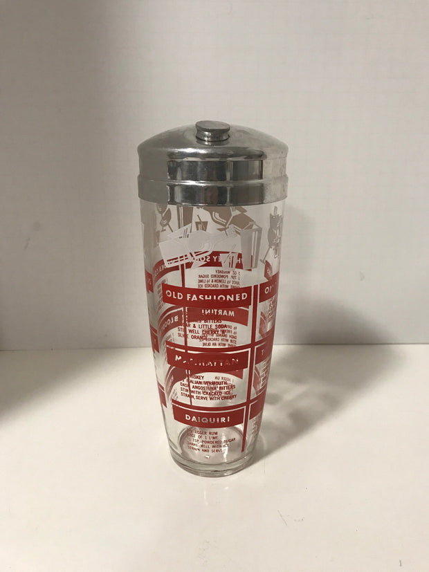 Vintage Cocktail  Shaker Chrome & Glass Barware Drink Shaker Drink Mixer Clear with Red Graphics
