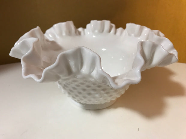 Fenton Large White Double Ruffle Hobnail Bowl 50s 60s  Milk Glass Cottage Chic  Decor Wedding