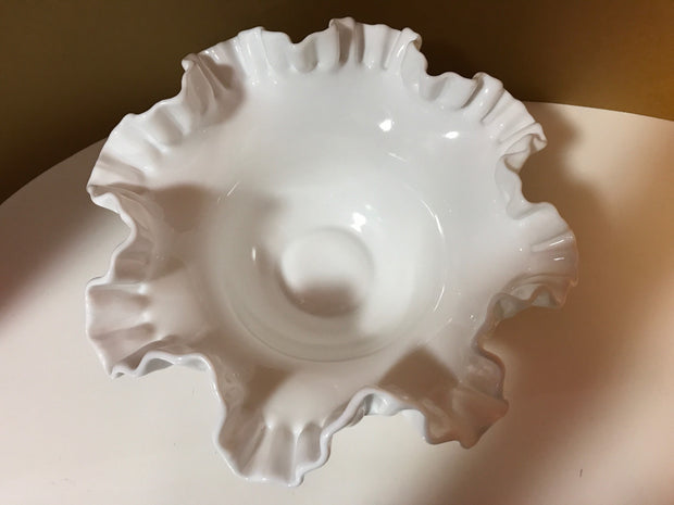 Fenton Large White Double Ruffle Hobnail Bowl 50s 60s  Milk Glass Cottage Chic  Decor Wedding