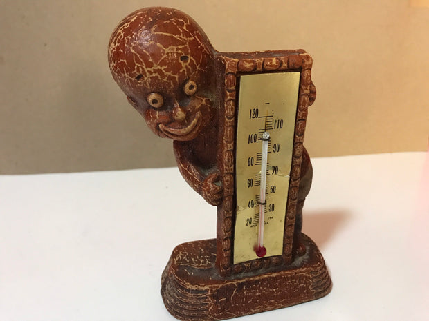 Vintage 1949 Multi Prod Inc Thermometer Americana Wood Figurine Small boy with diaper