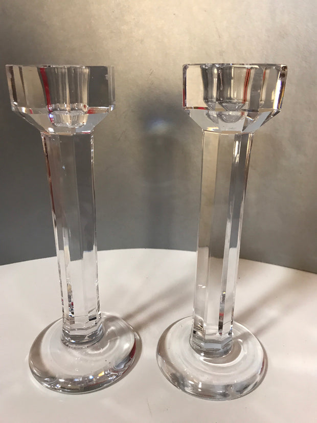 Vintage Tall 8 5/8” Kosta Boda Paneled Pillar Crystal Pair Candlesticks