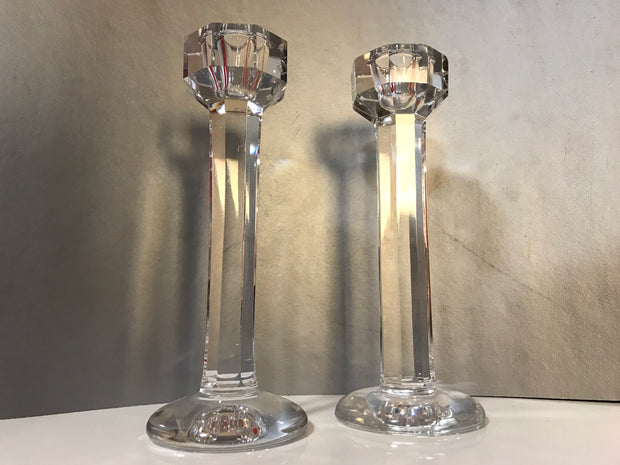 Vintage Tall 8 5/8” Kosta Boda Paneled Pillar Crystal Pair Candlesticks