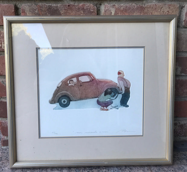 French Watercolor Painting Man Lifting VW Wife Changing Tire numbered 20/200 Signed