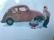 French Watercolor Painting Man Lifting VW Wife Changing Tire numbered 20/200 Signed