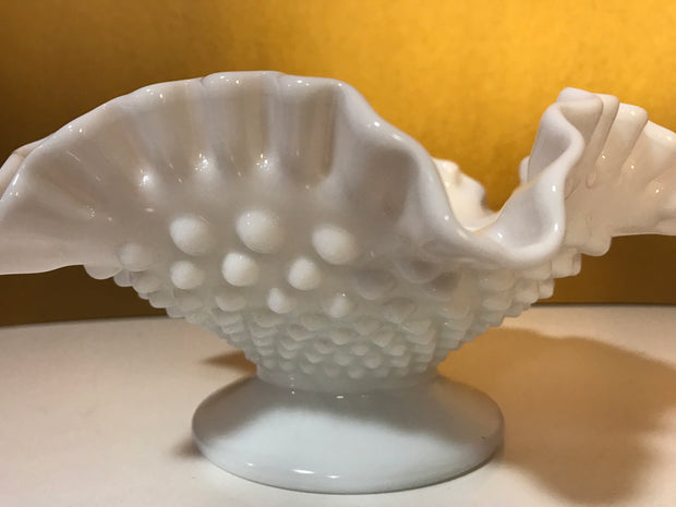 White Milk Glass by Fenton Vintage Hobnail Bowl Ruffled Edge Pedestal Cottage Chic Centerpiece