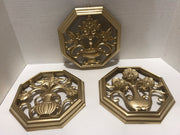 Syroco Mid Century Modern Floral 1960s Wall hangings 3 pc Set Octagon Hand Painted Gold