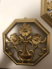 Syroco Mid Century Modern Floral 1960s Wall hangings 3 pc Set Octagon Hand Painted Gold