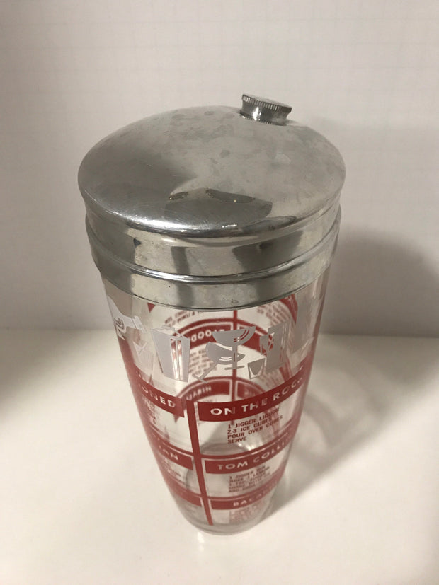 Vintage Cocktail  Shaker Chrome & Glass Barware Drink Shaker Drink Mixer Clear with Red Graphics