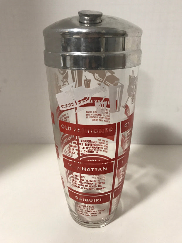Vintage Cocktail  Shaker Chrome & Glass Barware Drink Shaker Drink Mixer Clear with Red Graphics