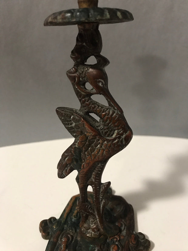 1900 Solid Brass Heron Candlestick Authentic Antique