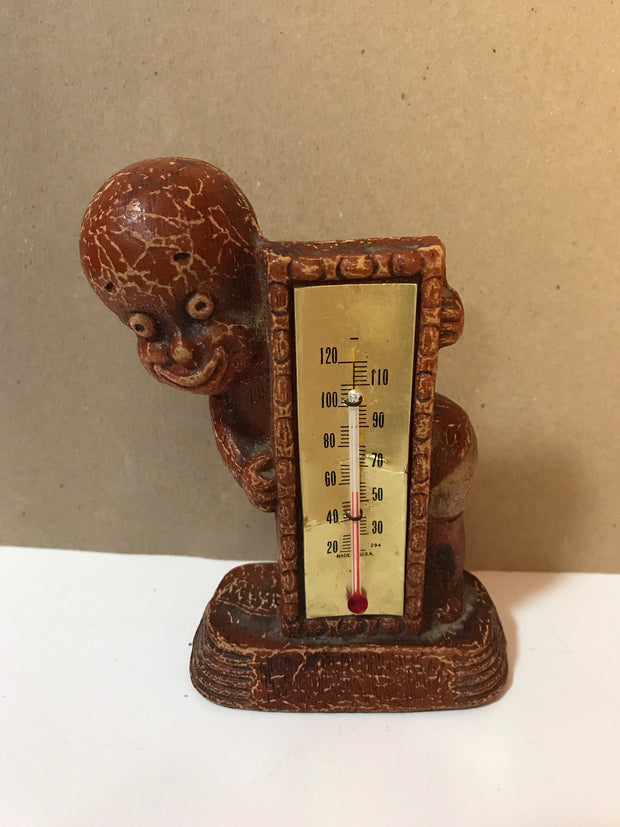 Vintage 1949 Multi Prod Inc Thermometer Americana Wood Figurine Small boy with diaper