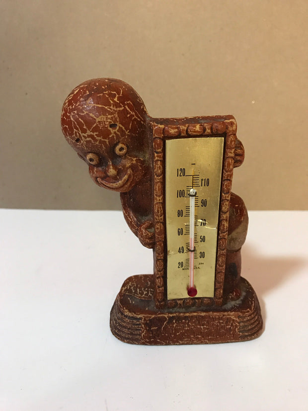 Vintage 1949 Multi Prod Inc Thermometer Americana Wood Figurine Small boy with diaper