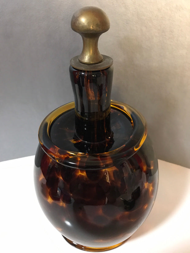 Italian Jug/ Barrel Bottle Handblown Spotted Amber Glass Brass Medallion Caterina DeMedici