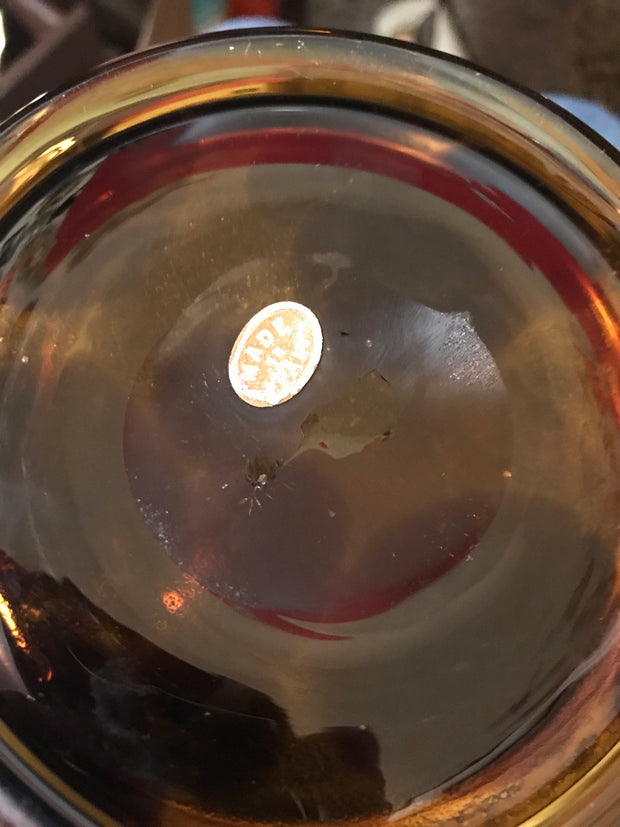 Italian Jug/ Barrel Bottle Handblown Spotted Amber Glass Brass Medallion Caterina DeMedici
