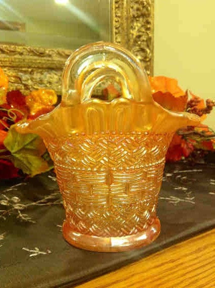 Antique 1900s Dugan Glass Co Marigold Carnival Glass Small Basket