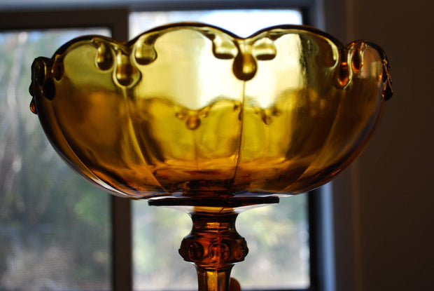 Amber Glass Compote/ Fruit Bowl Centerpiece by Indiana Glass co w/Garland Teardrop motif