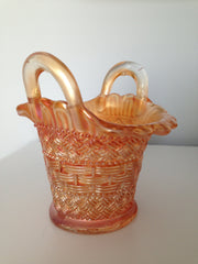 Antique 1900s Dugan Glass Co Marigold Carnival Glass Small Basket