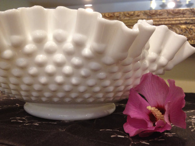 Fenton Large Double Ruffle Hobnail Bowl 50s 60s  Milk Glass
