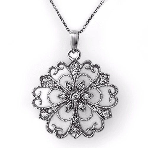 Art Deco 14K White Gold  Genuine Diamond Pendant with 14k Chain 0.50tcw Italian