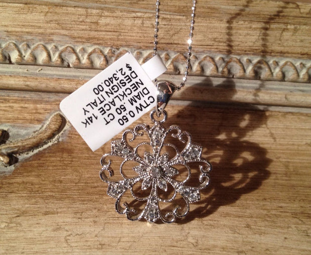Art Deco 14K White Gold  Genuine Diamond Pendant with 14k Chain 0.50tcw Italian