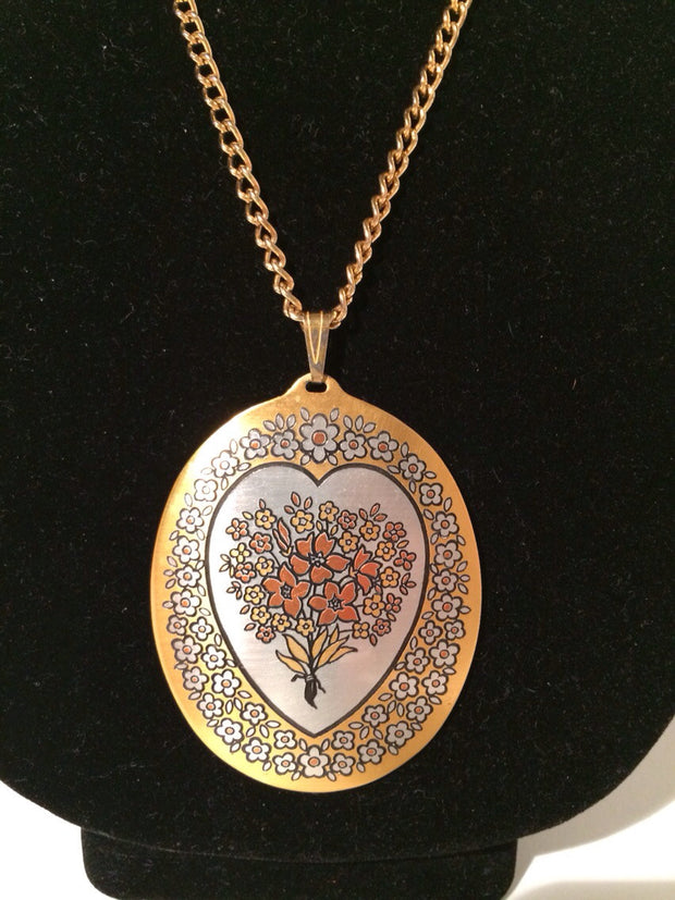 Demascene Vintage Pendant Reed & Barton Silver/Gold Tone Inlaid Tapestry Bouquet Heart Design