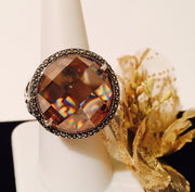 Vintage Sterling Silver Marcasite Ring w/ Large Amber Stone Heart Design