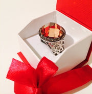 Vintage Sterling Silver Marcasite Ring w/ Large Amber Stone Heart Design