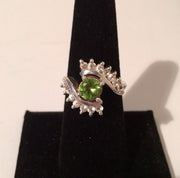 Sterling Silver Ring 925  Bright Peridot Gem w/14 small Cubic Zirconia