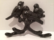 Cast Iron 3 birds Sitting on Branch Vintage Wall Hanging / Hat or Coat Hanger Deco Ornamental painted black