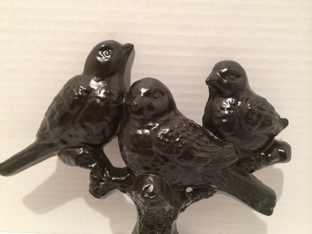 Cast Iron 3 birds Sitting on Branch Vintage Wall Hanging / Hat or Coat Hanger Deco Ornamental painted black