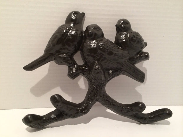 Cast Iron 3 birds Sitting on Branch Vintage Wall Hanging / Hat or Coat Hanger Deco Ornamental painted black