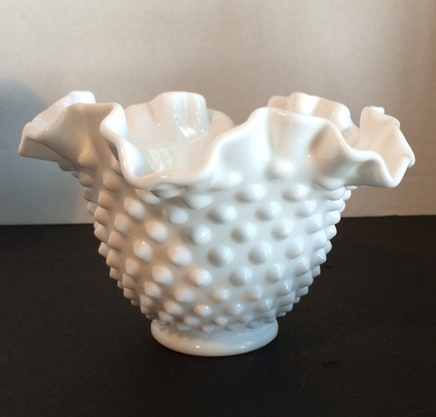 Fenton Small Double Ruffle Hobnail Bowl 50s 60s  Milk Glass Vintage