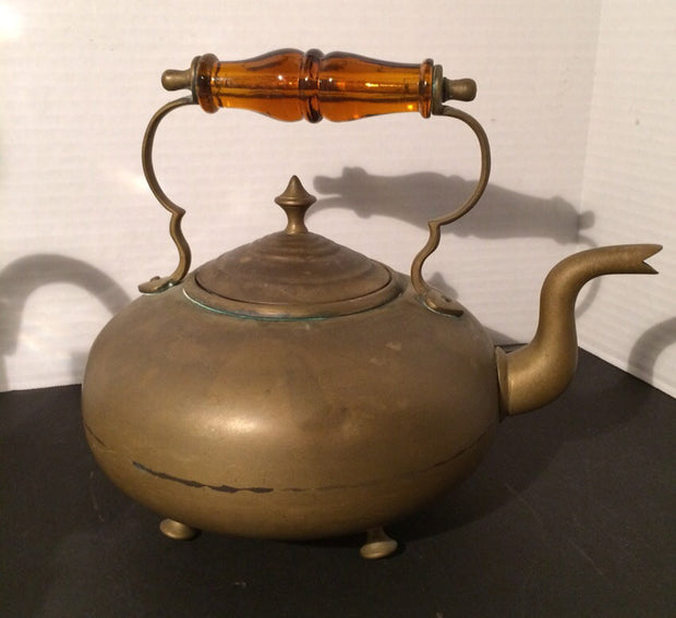 Antique Brass Teapot Glass Handle Victorian Kettle