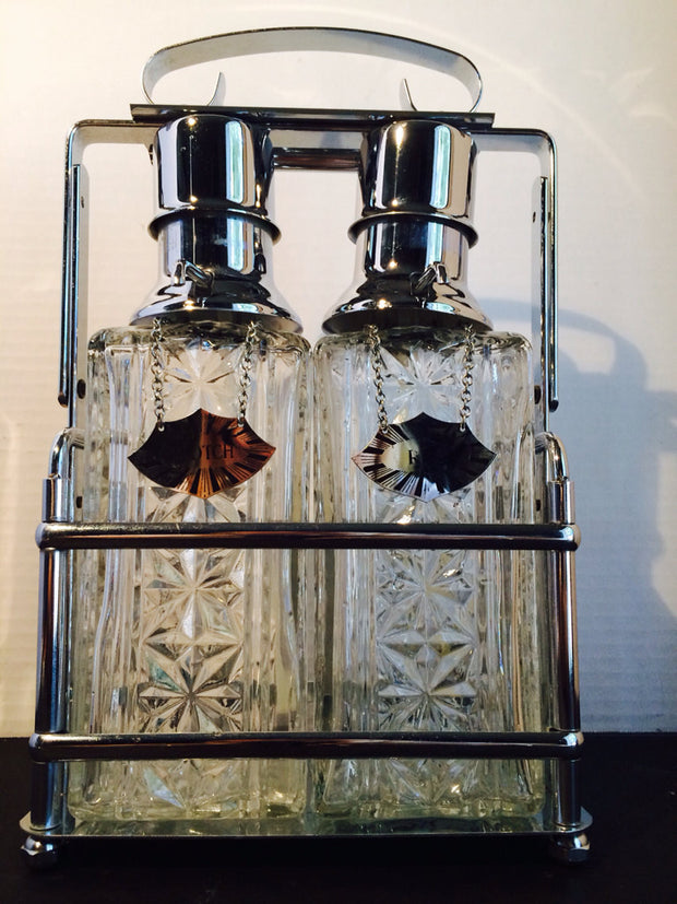 Vintage Scotch  & Rye Chrome Pump Decanters with Caddy BAREWARE