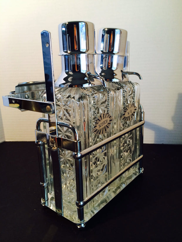 Vintage Scotch  & Rye Chrome Pump Decanters with Caddy BAREWARE