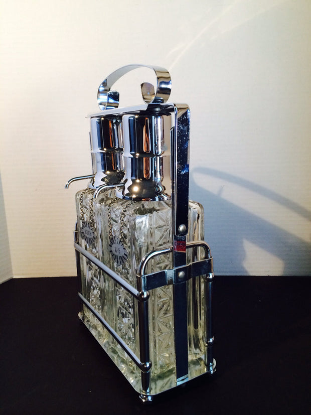 Vintage Scotch  & Rye Chrome Pump Decanters with Caddy BAREWARE