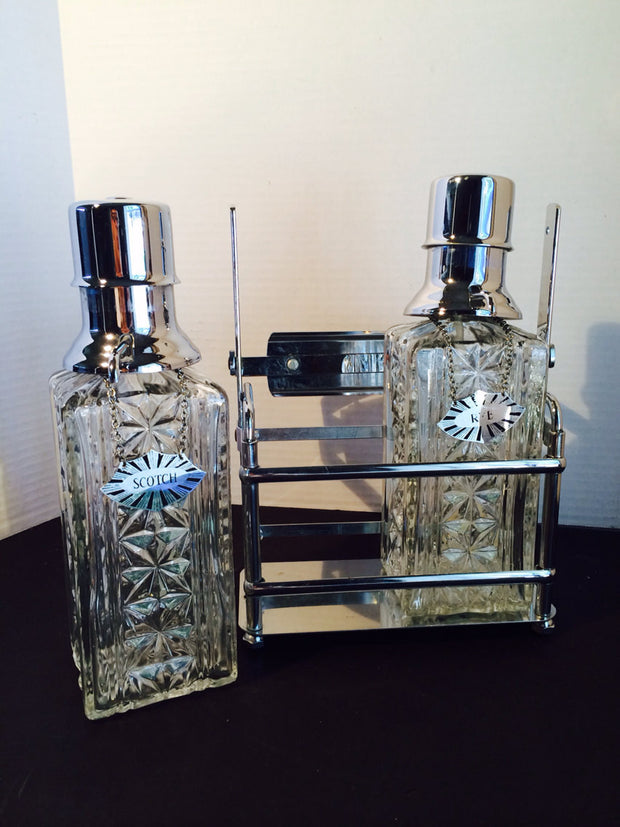 Vintage Scotch  & Rye Chrome Pump Decanters with Caddy BAREWARE