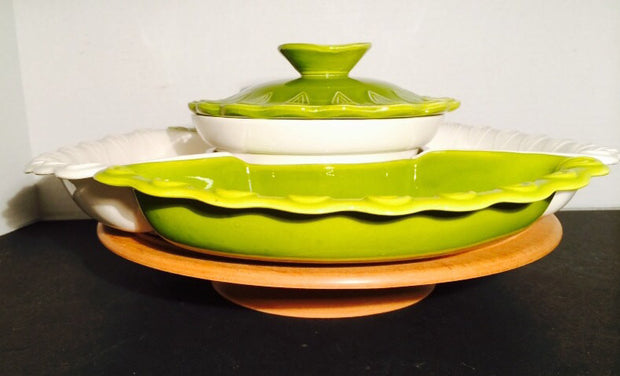 California Potteries Avocado chip & dip Sectional on Wood Spinner  1950s