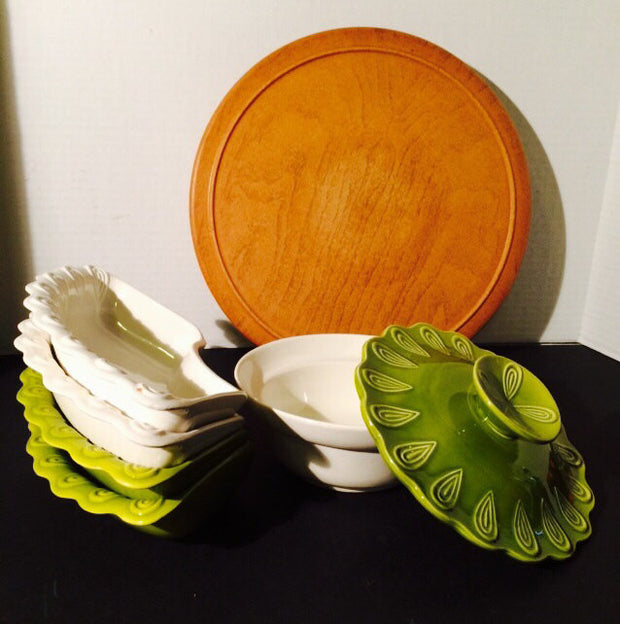 California Potteries Avocado chip & dip Sectional on Wood Spinner  1950s