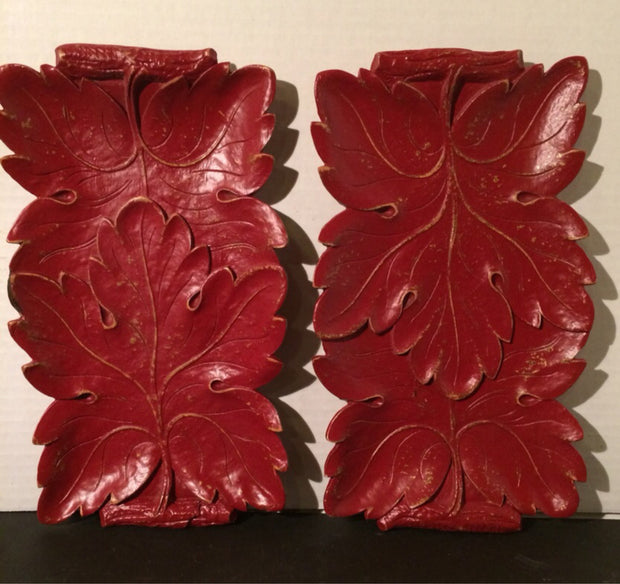 Syroco 1940s Rectangular Dish or Wall Decor Large Pattern Leaves brick Red/distressed Gold Undertones