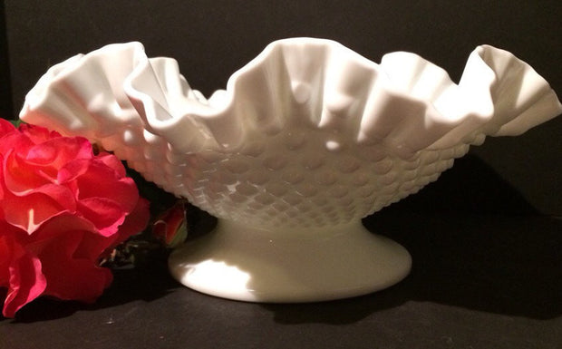 Fenton Vintage Double Ruffle Hobnail Bowl Pedestle Cottage Chic